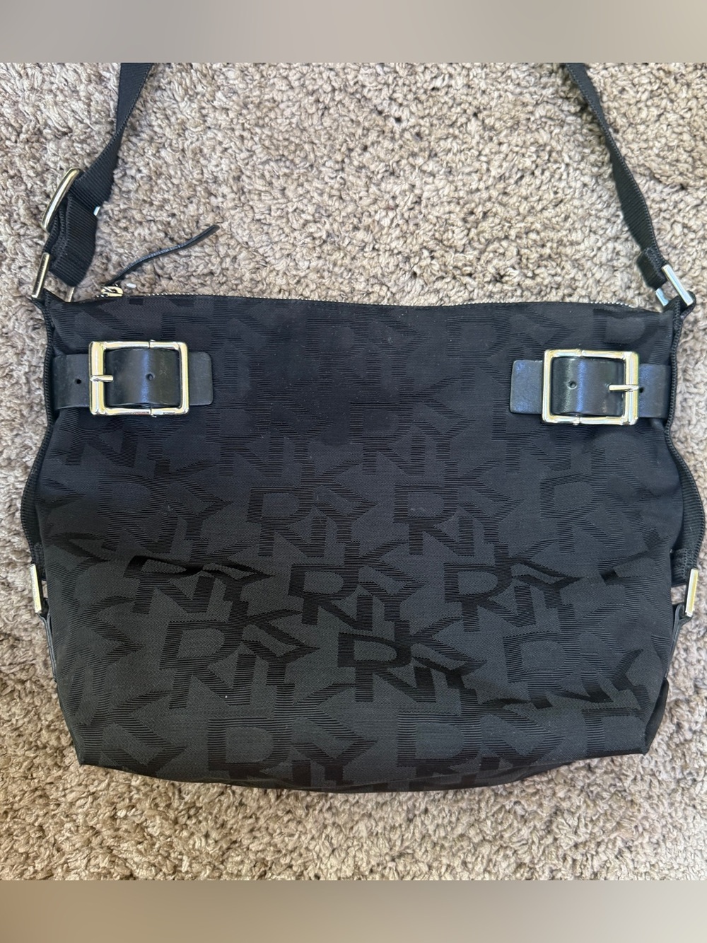 DKNY Black Monogram Messenger Bag with Gold Buckle Accents